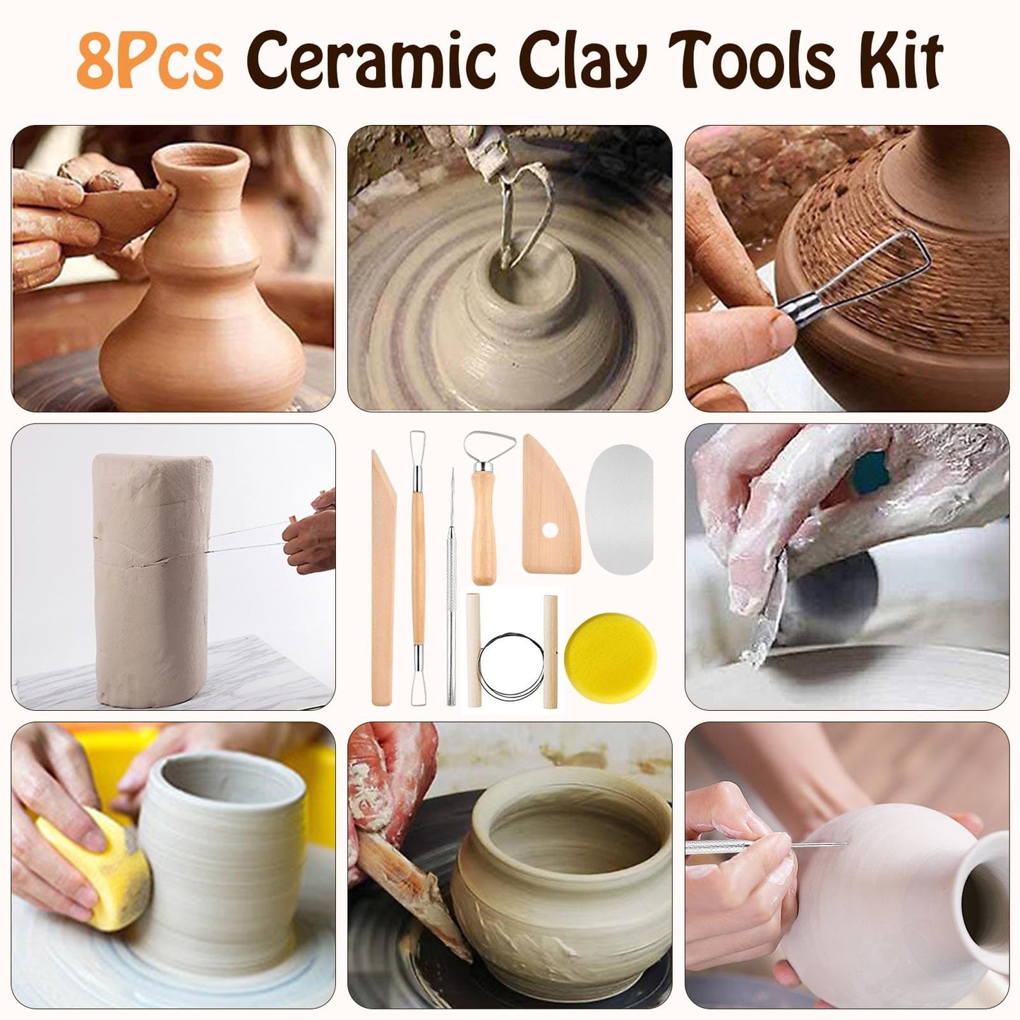 Akamino 20 Pcs Pottery Tools Include 1 Wood Rolling Pin,1 Portable Pottery Linen Tablecloth, 10 Pcs 5 Size Teaching Rolling Mud Stick Guide, 8 Clay Sculpting Tools for Manual Self Ceramic Clay Making