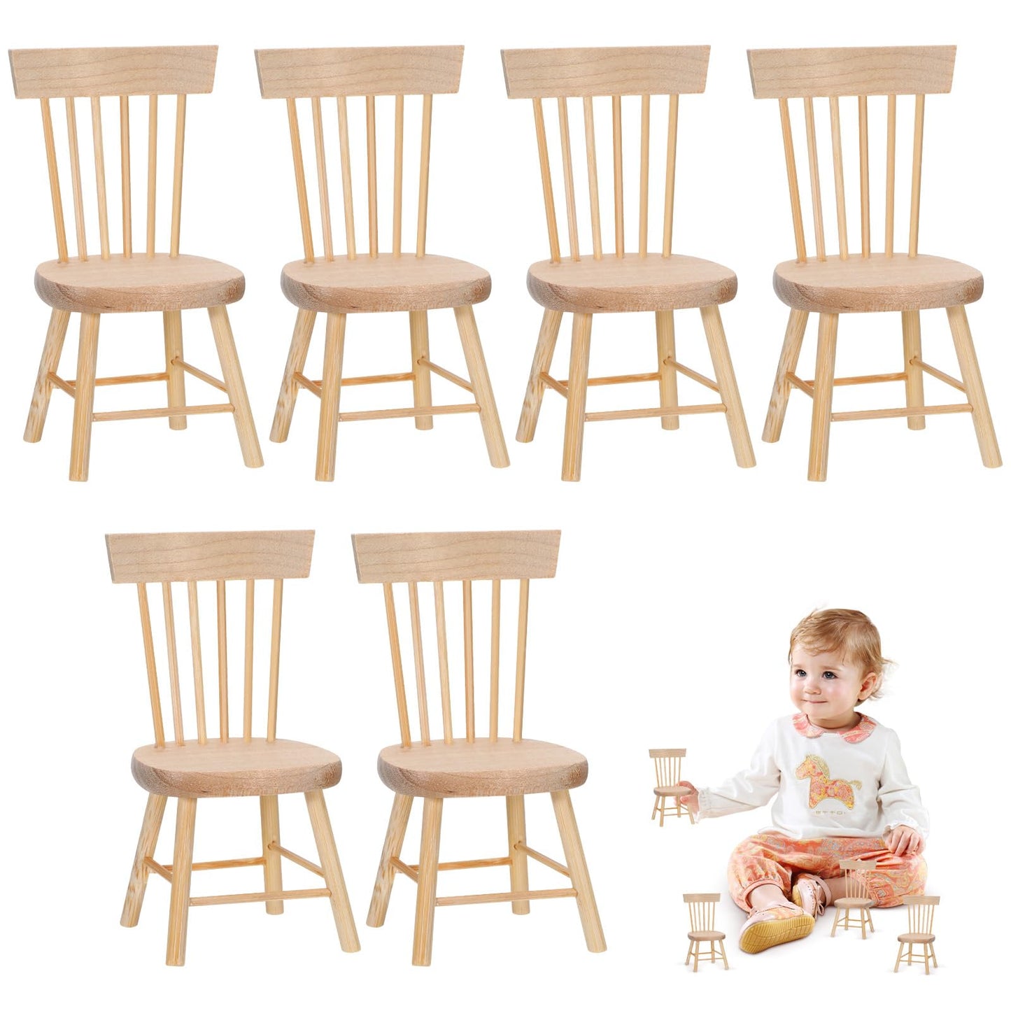 6PCS Dollhouse Chairs, 1/12 Scale Dollhouse Furniture - Wooden Mini Furniture Accessories, Tiny Mini Chair for Doll House, Fairy Garden, Photography Props,Home Decor & Christmas Party (1.6in*3.2in)