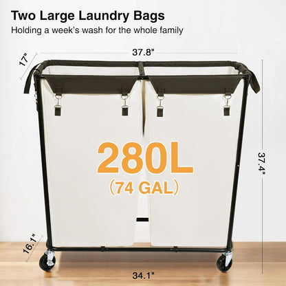 280L 2-Compartment Commercial STO STO Rolling Industrial Laundry Hamper with Wheels, Extra Large Laundry Sorter, Heavy