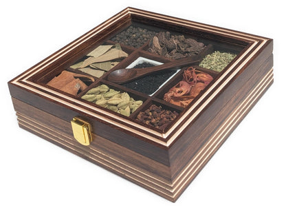 AB Handicrafts Premium Wooden Spice Box with Glass Lid – 9 Compartment Masala Organizer for Kitchen Countertop Storage