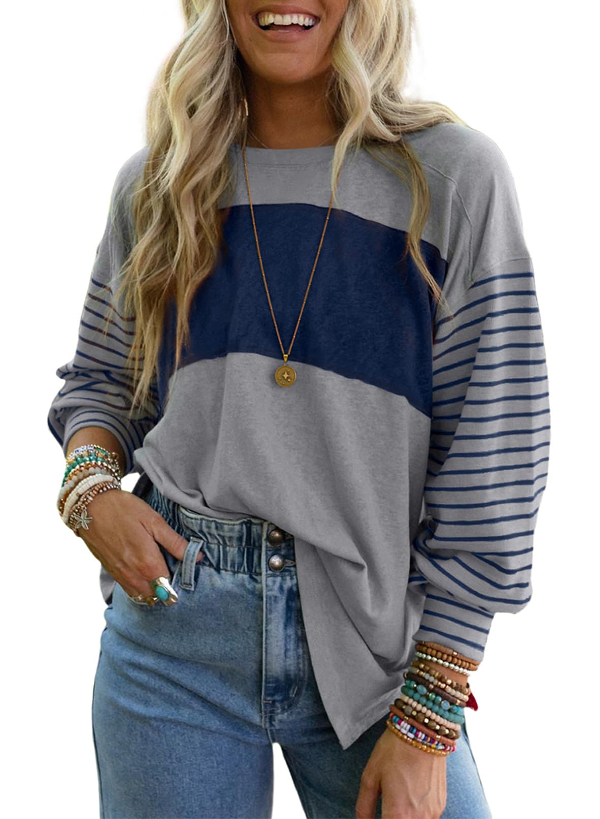 Dokotoo Long Sleeve Tops Oversized 2025 Trendy Round Crew Neck Casual Color Block Womens Shirts Blouses