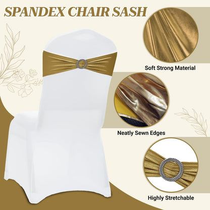 MDS Spandex Foil Chair Sashes - Universal Fit Elastic Stretch Bands with Buckle | Metallic Gold, Pack of 100