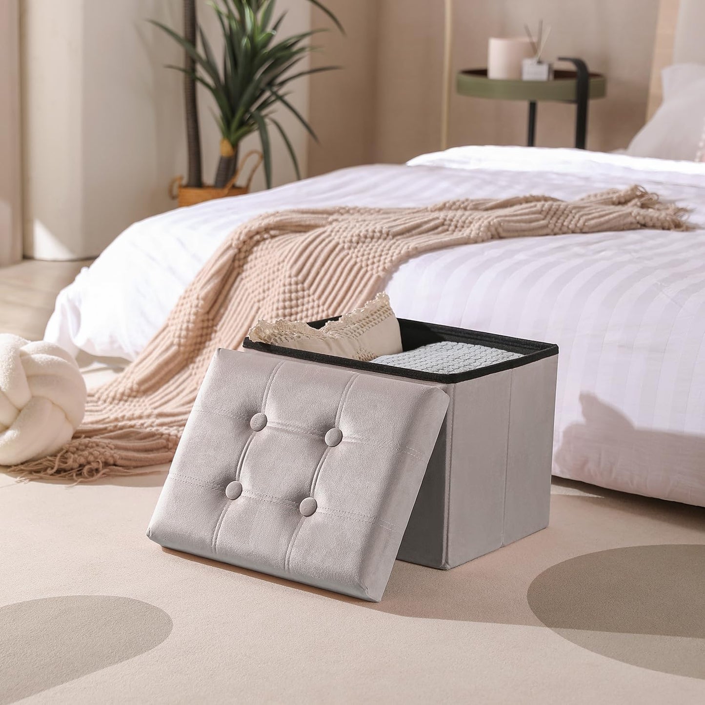 PRANDOM Ottoman with Storage [1-Pack], Velvet Folding Small Square Foot Stool with Lid for Living Room Bedroom, Light