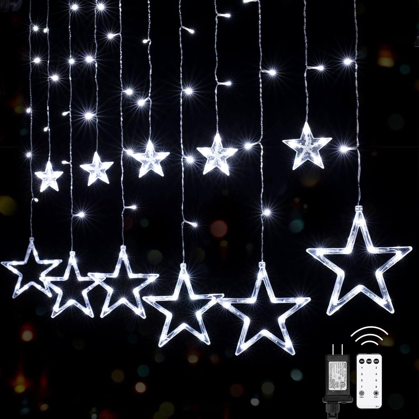 Star Curtain Lights for Bedroom - 9ft Plug-in 138 LED Fairy Twinkle Lights with Remote & 12 Star Drops