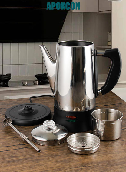 APOXCON Electric Coffee Percolator Stainless Steel Coffee Maker with Two Heat Resistant Tough Glass Clear Brew Progress Knob Classic Look Keep Warm & Cordless Serving Coffee Pot 12 Cup