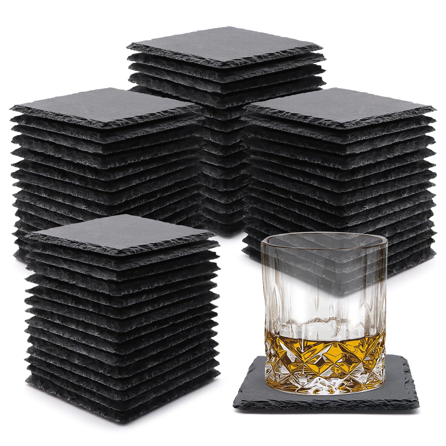 60 Pack Slate Drink Coasters, VIBRATITE 4 Inch Black Slate Stone Coasters Bulk Cup Coaster Laser Engraving Blanks with Anti-Scratch Bottom for Drink Coffee Bar Kitchen Home Decor, Square