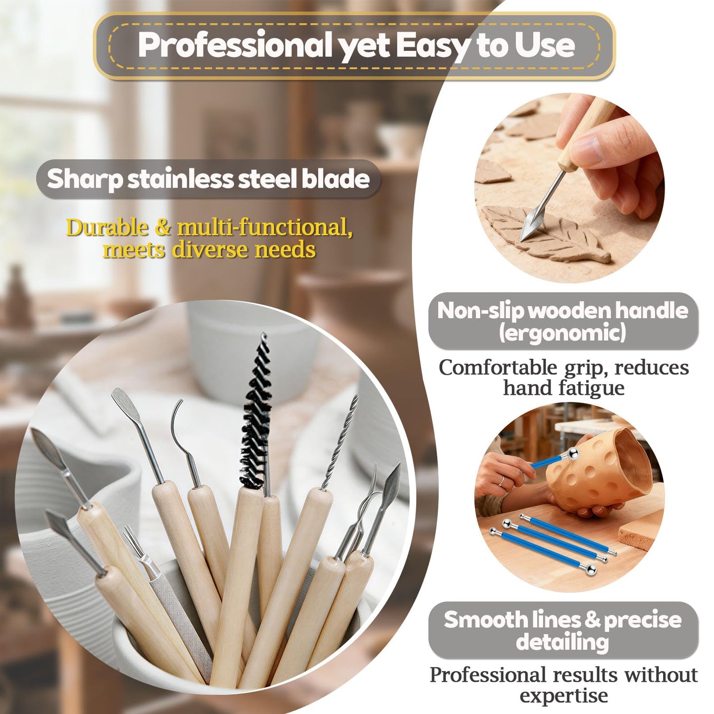 Pottery Clay Sculpting Tools Kit: 39Pcs Foam Clay for Stippling Carving Shaping Molding with Storage Bag - Air Dry Clay for Professional Polymer Artists Even Beginners