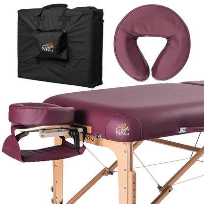 NRG Vedalux Portable Massage Table Package | Burgundy | Folding Lightweight Massage Bed | Professional Spa Table with Face Cradle, Hanging Armrest & Carrying Case