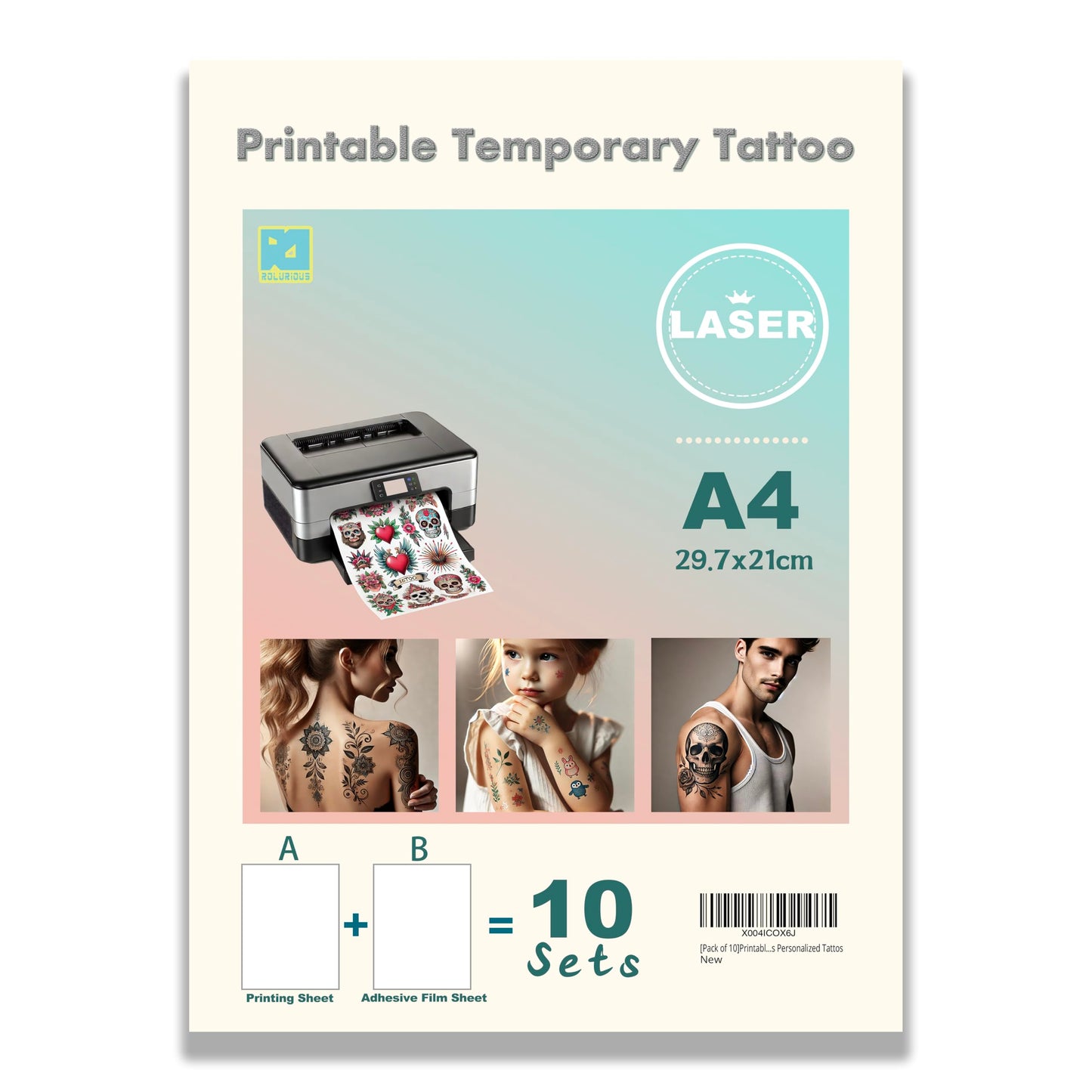 Printable Temporary Tattoo Paper for Laser Printers – A4 (8.3” x 11.7”), 10 Sheets, DIY Custom Tattoo Transfer Sheets for Skin, Waterproof
