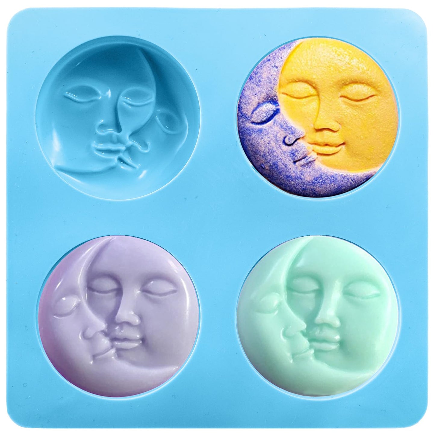 Hedume 3 Pack Sun & Moon Silicone Soap Molds, 4 Cavity Sun & Moon Face Soap Molds, Crescent Moon Face Silicone Soap Mold for Handmade Bath Bombs, Lotion Bar, Polymer Clay, DIY Resin Making