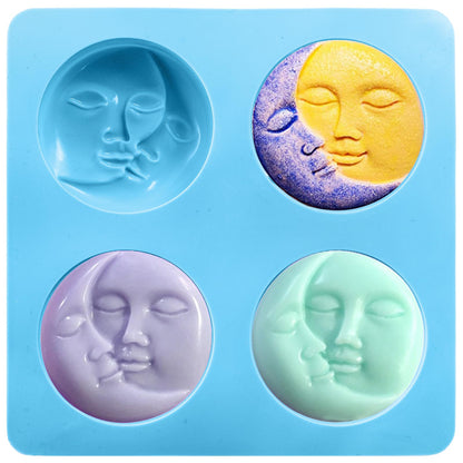 Hedume 3 Pack Sun & Moon Silicone Soap Molds, 4 Cavity Sun & Moon Face Soap Molds, Crescent Moon Face Silicone Soap Mold for Handmade Bath Bombs, Lotion Bar, Polymer Clay, DIY Resin Making
