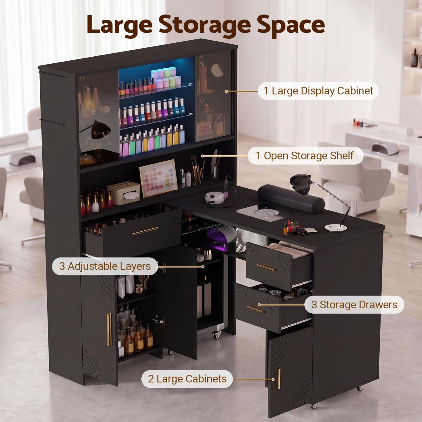 Oakvera Manicure Table with LED Display Cabinet, Mobile Nail Tech Desk Built-in Dust Collector, Nail Station with Double Tabletop, 3 Adjustable Shelves, Open Storage, Drawers & Cabinets, Black