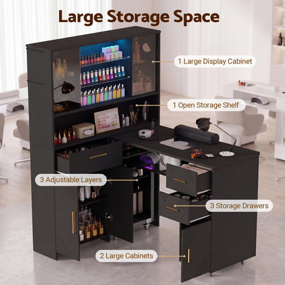 Oakvera Manicure Table with LED Display Cabinet, Mobile Nail Tech Desk Built-in Dust Collector, Nail Station with Double Tabletop, 3 Adjustable Shelves, Open Storage, Drawers & Cabinets, Black