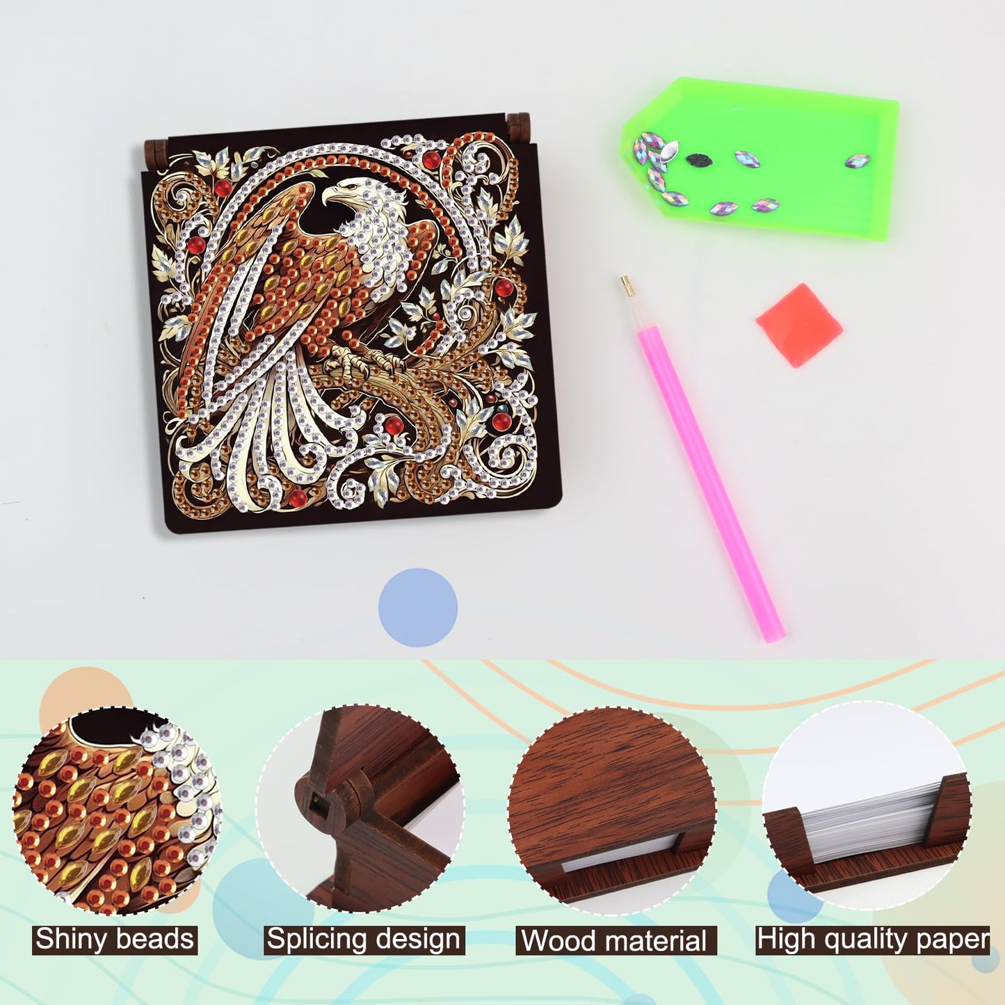 JISHSHAY Diamond Painting Note Box Eagle Diamond Art Notecard Box Eagle Gem Art Sticky Note Holder Gem Painting Mosaic Kits for Adults Embroidery Kit Memo Pad Holder, Contains 160 Sheets of Paper