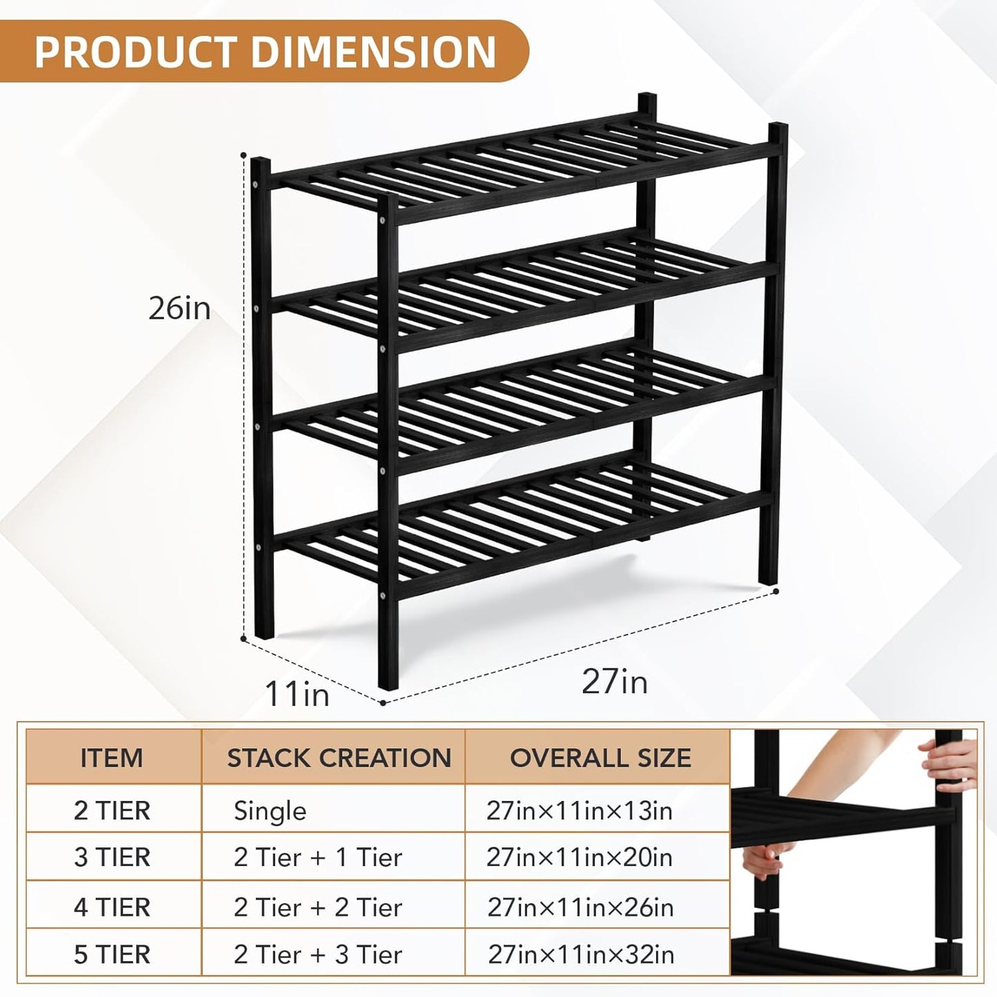 4 Closet, Bathroom27 x11 x26(Black, 4 Tier Bamboo Shoe Rack Storage Organizer for Multifunctional Stackable Free
