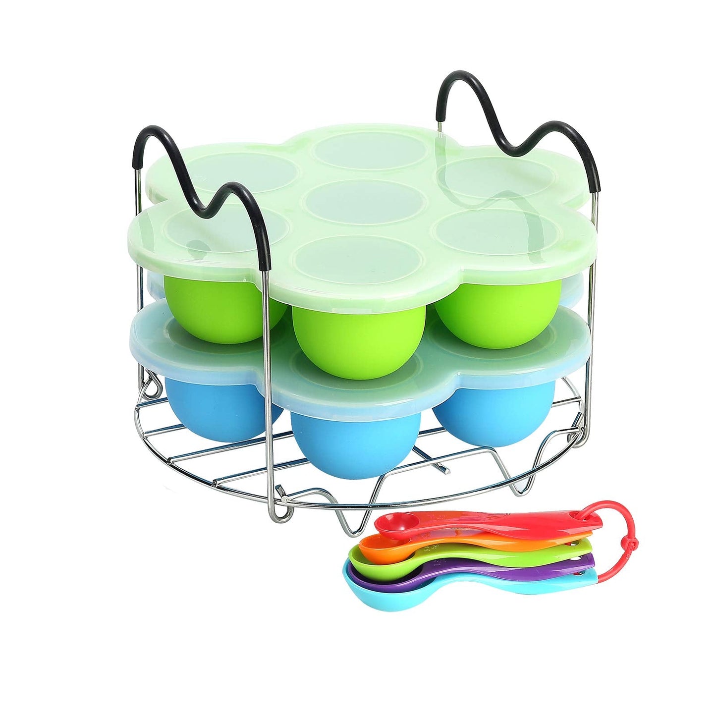 Silicone Egg Bites Molds for Instant Pot Accessories 6 Qt 8 Qt, Including Steamer Rack Trivet with Heat Resistant Handles, 5-Piece Measuring Spoons as Bonus, Sous Vide Egg Poacher