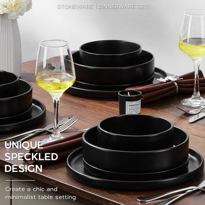 Onader 16 Piece Dinnerware Sets with Serving Bowls for 4, Stoneware Plates and Bowls Dish Sets, Ceramic Dinner Ware Dishware for Kitchen Dining, Chip & Scratch Resistant - Ebony Black