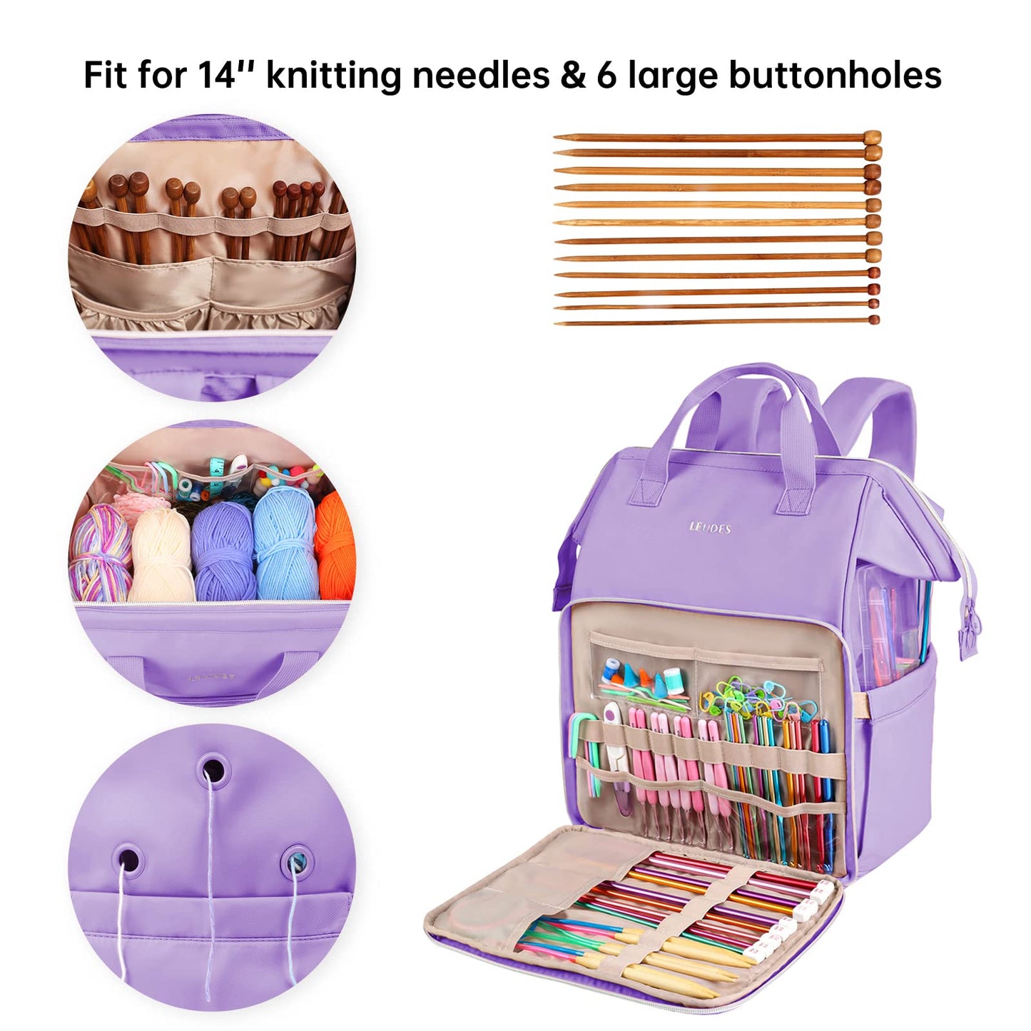 Leudes Knitting Bag Backpack,Yarn Storage Organizer Large Crochet Bag Tote Christmas Gift Yarn Holder Case for Carrying Projects,Knitting Needles (Purple)