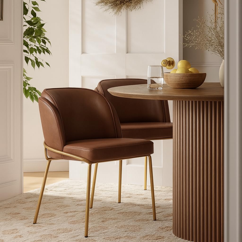 Meridian Furniture 882Brown-C Jagger Collection Modern | Contemporary Dining Chair, Soft Brown Vegan Leather, Brushed Iron Legs, Rounded Double Cushion Back, 22" W x 23" D x 31" H, Brown, Set of 2