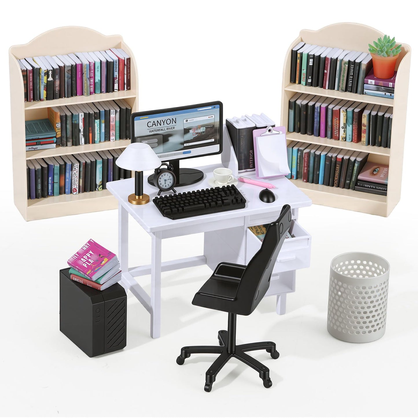 1:12 Scale Mini Desk Set with 100 Mini Books & 2 Bookshelves — Miniature Dollhouse Furniture Set with Office Chair, Computer & 15+ Accessories — Mini Desk Accessories for Doll House Diorama