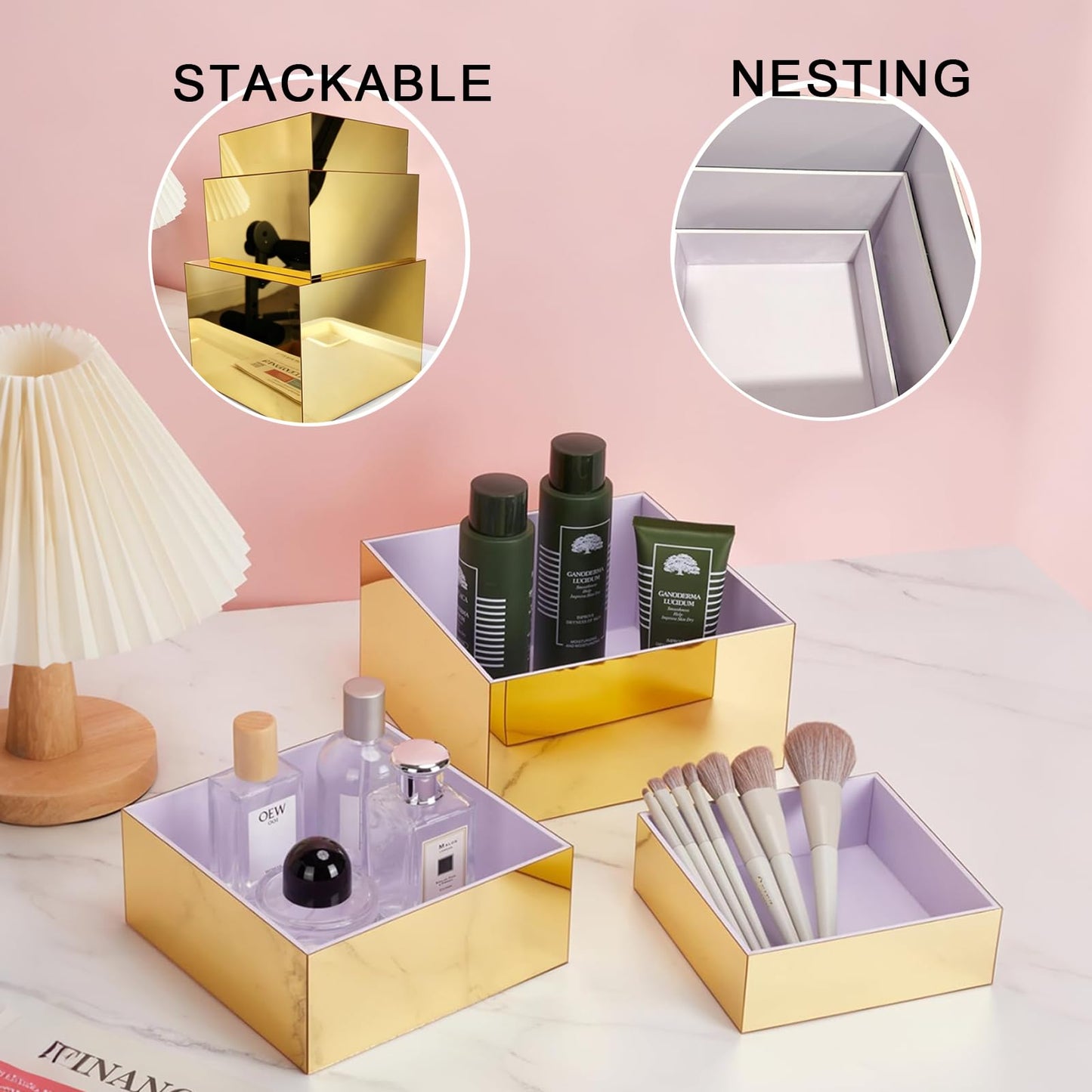 Jolboldy 3 Pcs Gold Acrylic Risers Display Stands, Mirrored Nesting Cube Boxes Pedestal for Figures Collectibles, Jewelry Purse Wallet Showcase Blocks, Buffet Risers Food Display Catering Dessert Cake