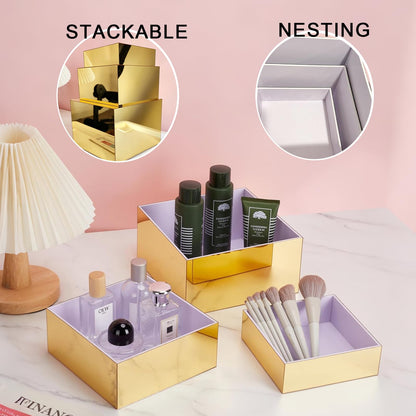 Jolboldy 3 Pcs Gold Acrylic Risers Display Stands, Mirrored Nesting Cube Boxes Pedestal for Figures Collectibles, Jewelry Purse Wallet Showcase Blocks, Buffet Risers Food Display Catering Dessert Cake
