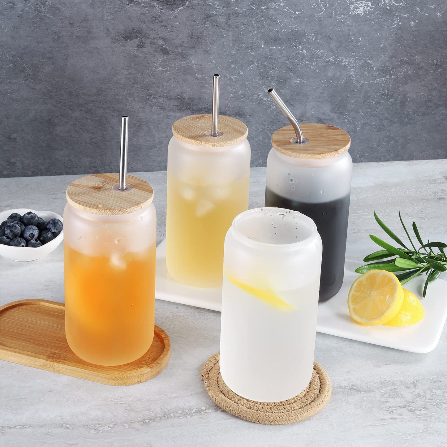 JMScape Sublimation Glass Blanks with Bamboo Lid 4pc Set, 16oz Frosted Glass Cups with Lids and Straws, Beer Can Glass Tumblers, Iced Coffee Soda Drinks Beer Cups