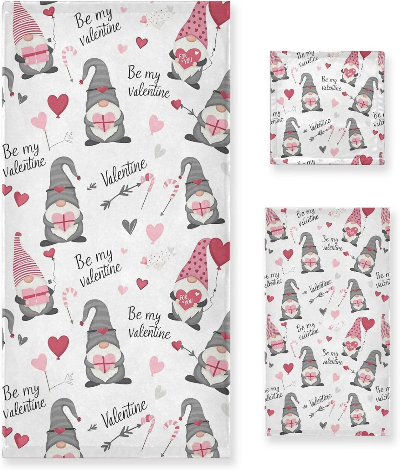 Set 3 Sets Pfrewn Cute Gnomes Hearts Pink Towels of Romantic Romantic Love Spring White Bathroom Towel Soft Absorbent