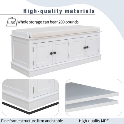 GDFStudio Jasd Storage Bench with 4 Doors and Adjustable Shelves, Removable Cushion Bench Ottoman, Solid Wood Frame Storage Ottoman, Rectangular Cabinet with Seating for Living Room Entryway, White