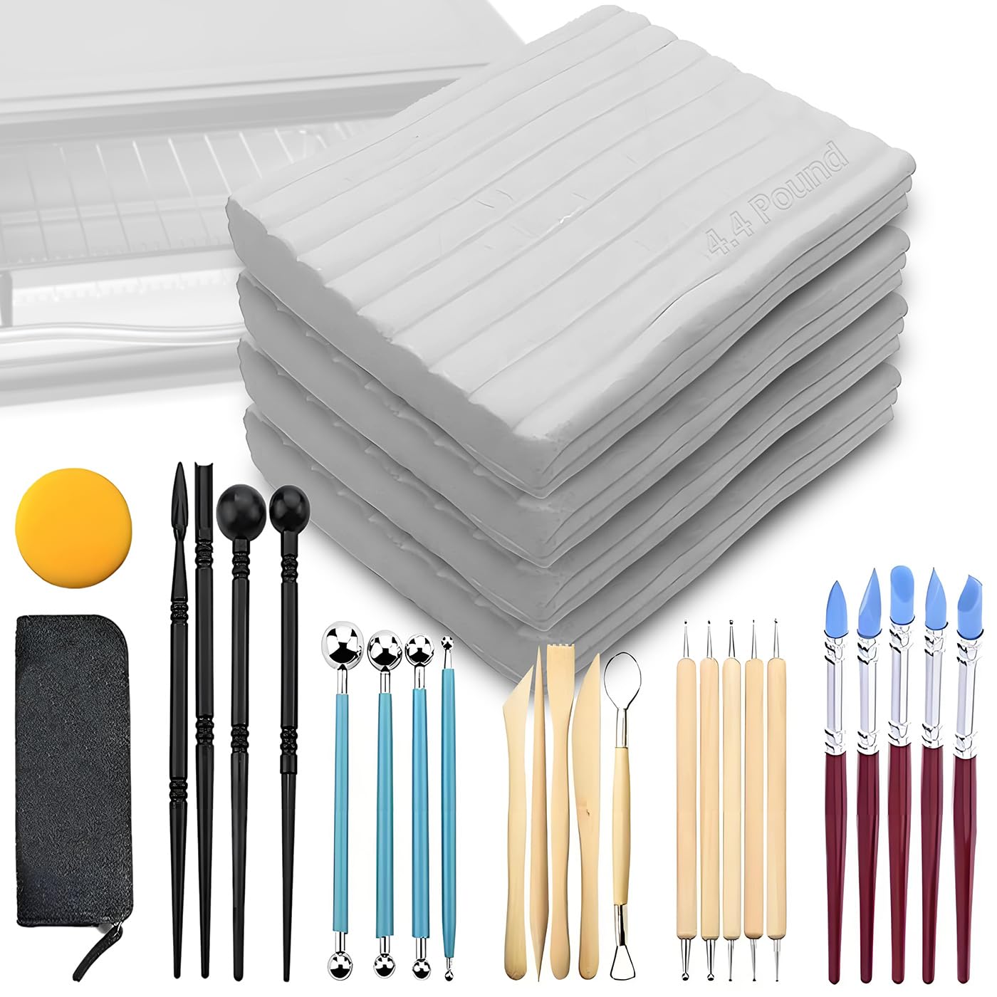 ReArt Oven Bake Polymer Clay White, Non Toxic 4.4Lbs with Pottery Tools & Paint Brushes Great for Modeling, Sculpting, Holiday, DIY Jewelry Making Projects. Great for All Skill Levels (White & Tools)
