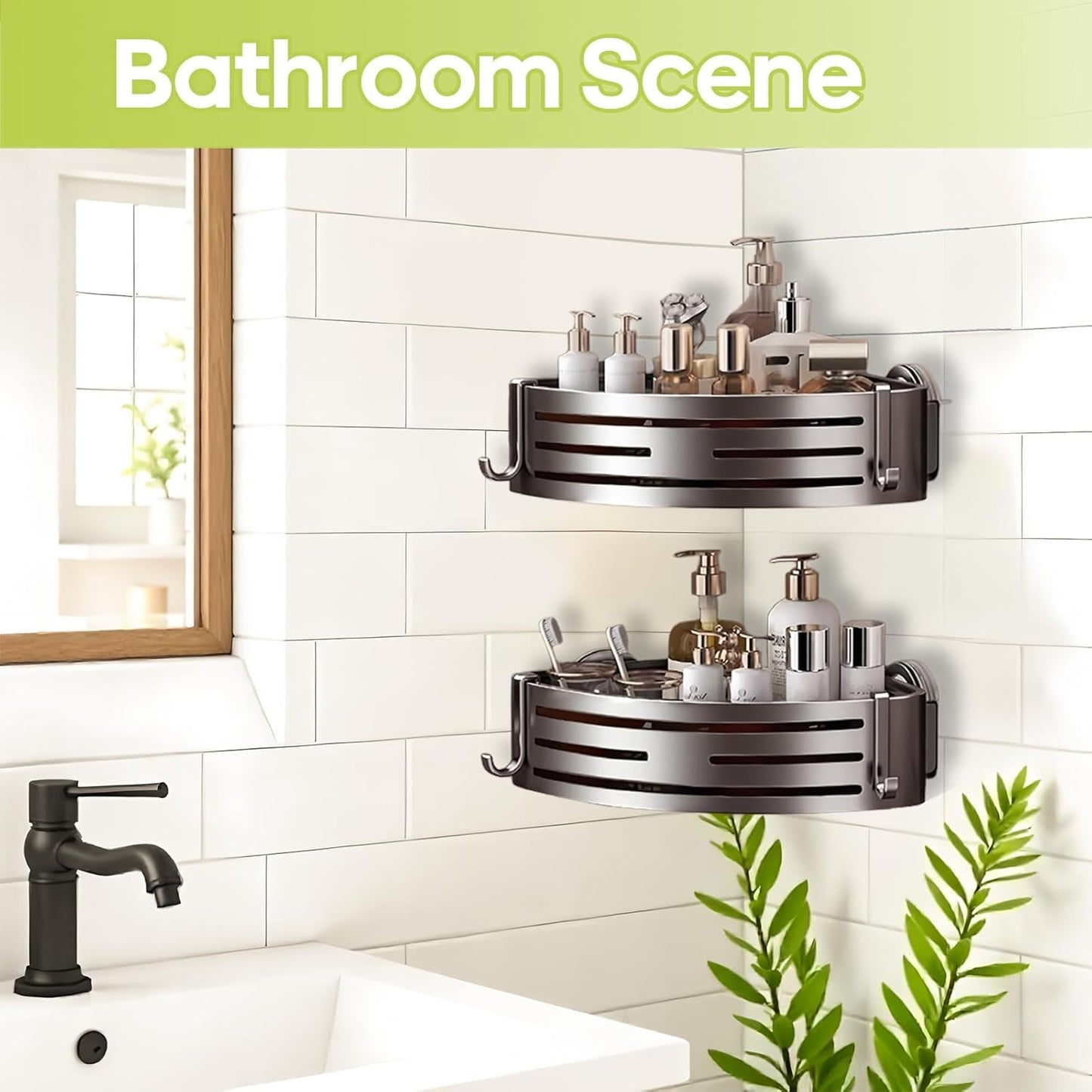 1Pack) Corner Shower Caddy Suction Cup,Shower Shelves with Hooks,No Drilling Powerful Suction Bathroom Organizers
