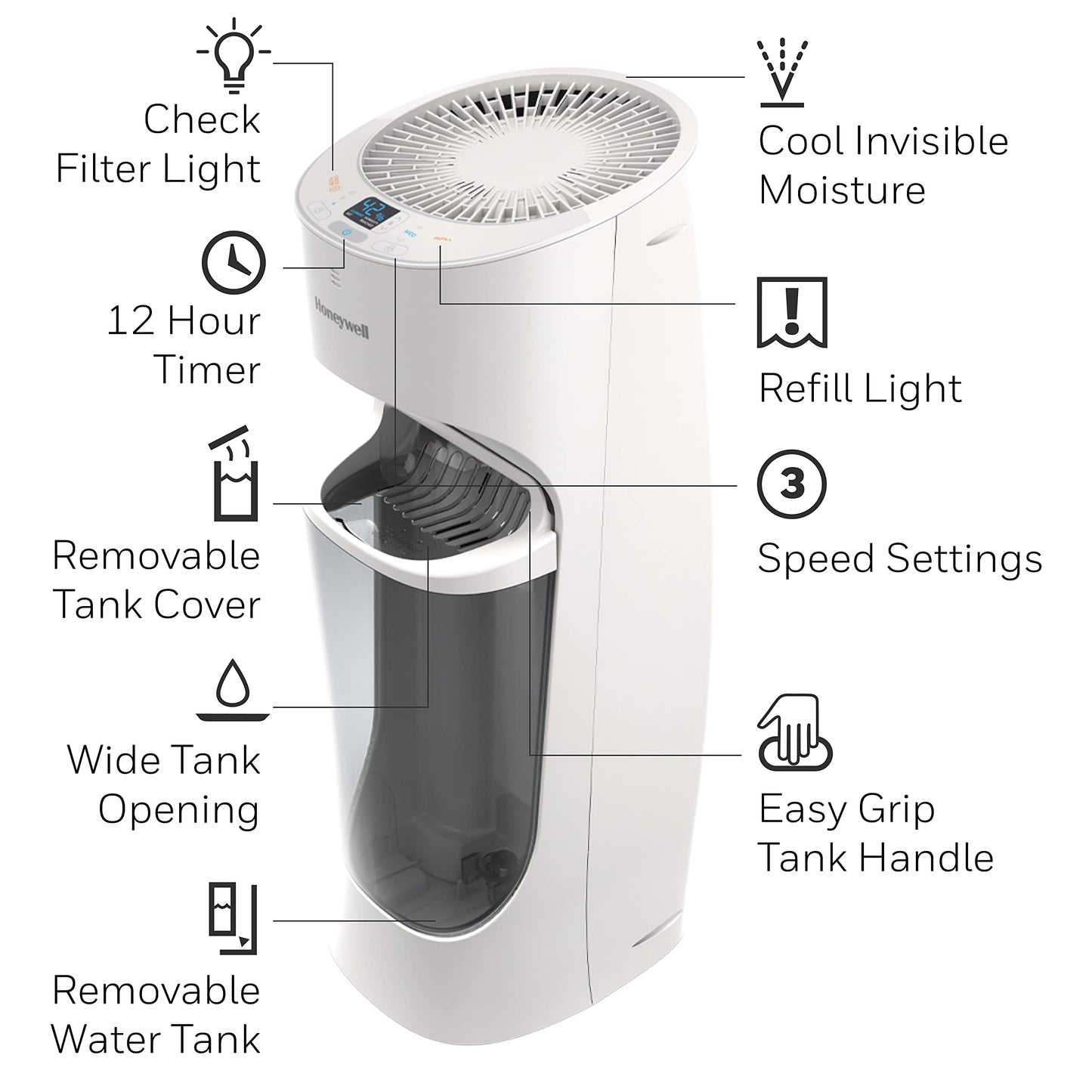 Honeywell Top Fill Tower Humidifier, Digital Humidistat, Black – Cool Mist Humidifiers for Bedroom, Home or Office with Space-Saving Tower Design