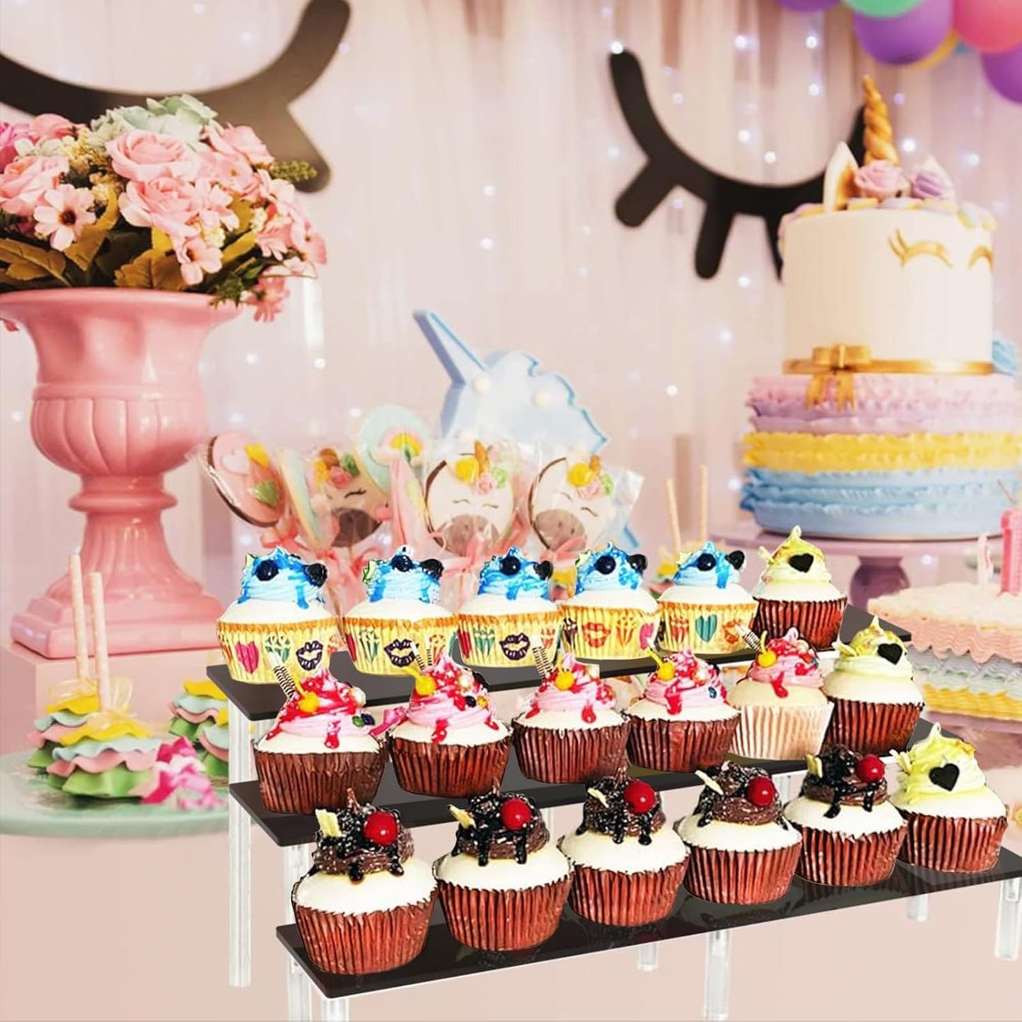15 3/4 inch AZEAM Acrylic Riser Black Display Risers Stand Large Collection Organizer Shelf for Cupcake Food Desserts