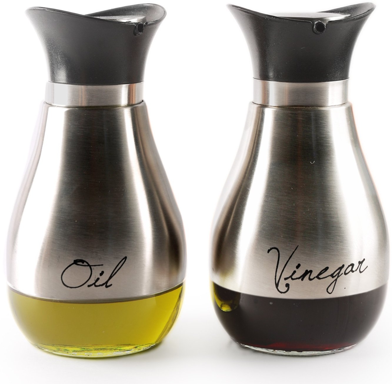 Circleware Cafe Contempo Stainless Glass Vinegar Container Bottles Set of 2, 13.6 ounce, Limited Edition Glassware, 13.6, Silver Oil Dispensers (68254)