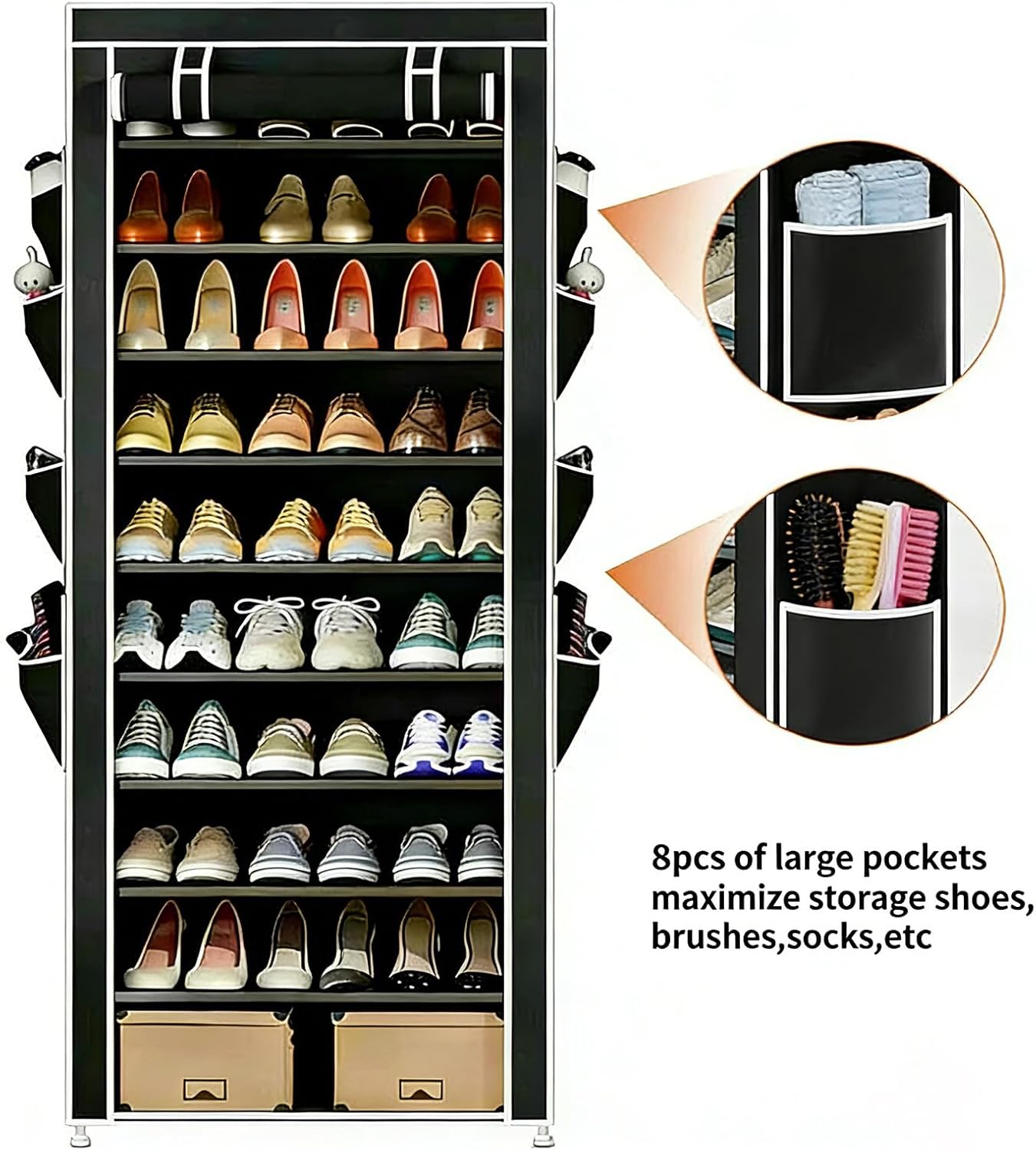 HOACHAN 10-Tier 30-38 Closet Shoe Rack with Dustproof Cover, Large Capacity Shoes Storage Organizer Holds Pairs