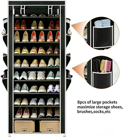 HOACHAN 10-Tier 30-38 Closet Shoe Rack with Dustproof Cover, Large Capacity Shoes Storage Organizer Holds Pairs