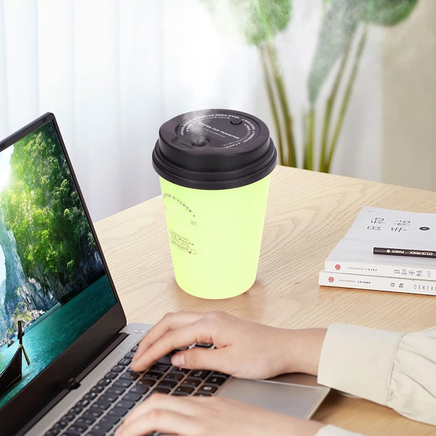 Humidifiers for Bedroom, 300ml Cool Mist USB Mini Cute Coffee Cup Humidifier, Auto Shut-Off for Plant, Office (Green)