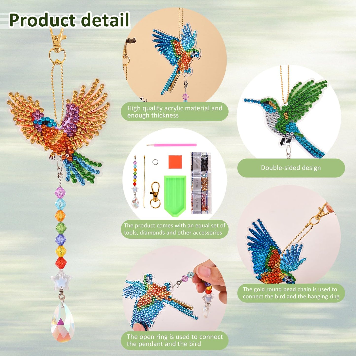 6 Pcs Diamond Painting Wind Chimes Rhinestone Hummingbird Diamond Art Suncatcher Double Sided 5D DIY Diamond Painting Kits for Adults Christmas Ornament Best Gifts for Mom