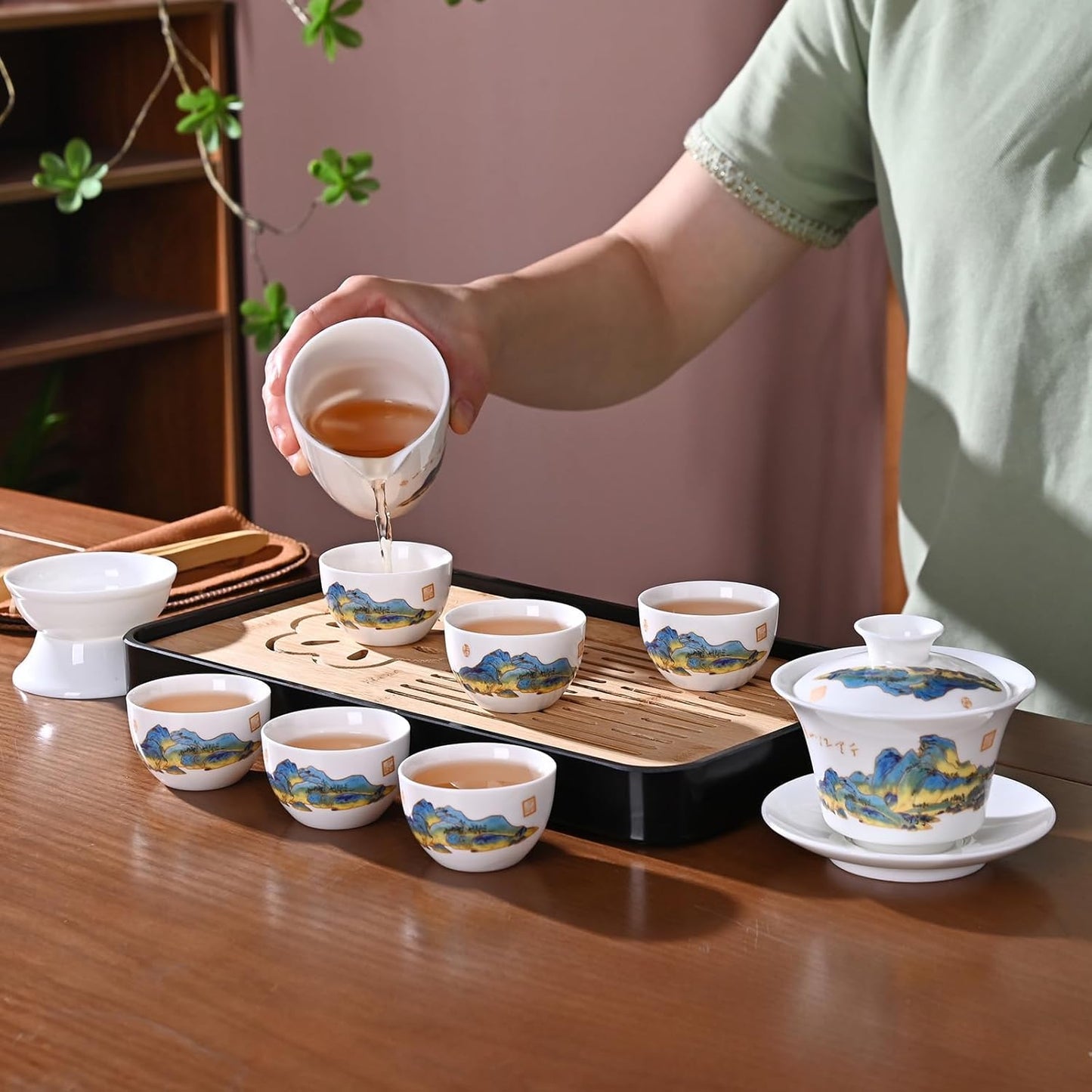 Set Set Set 6 Gaiwan6) Chinese Tea Traditional, Chinese Kung Fu Tea for Adults, Gaiwan Tea with Cups (QLJS