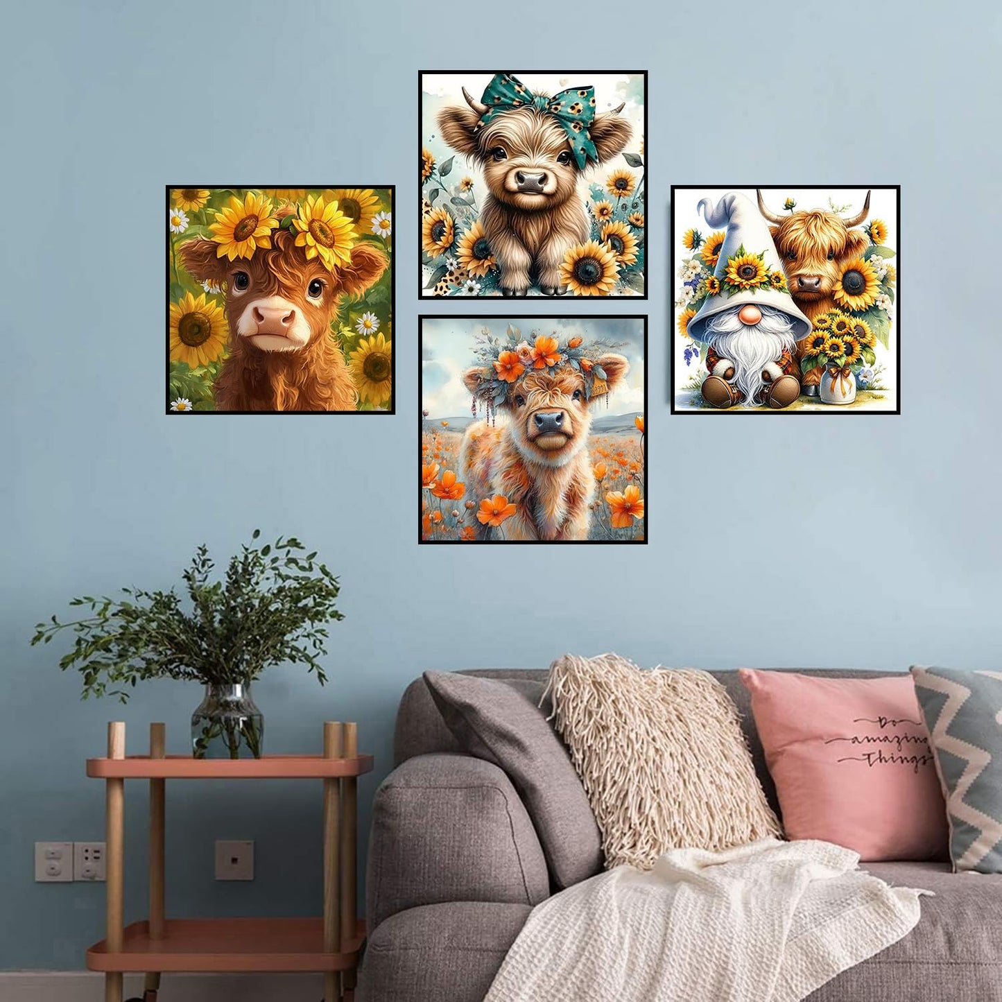 croshom Diamond Art Kits for Adults, 4 Packs Highland Cow & Flowers Diamond Art Painting Kits for Beginners, 5D DIY Full Drill Gem Craft for Adult Gifts, Home Wall Decor 14" x 14"