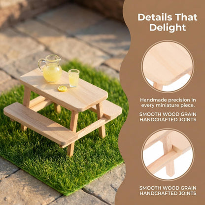 OATIPHO 1:12 Scale Mini Wooden Picnic Table, Unfinished Miniature Dollhouse Furniture Outdoor Accessories, Patio Desk Prop for Fairy Garden, DIY Crafts 3-4 Inch Figures