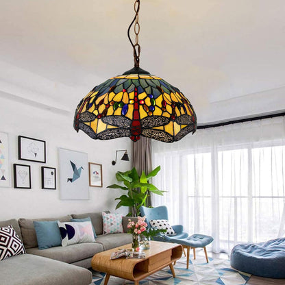 Dragonfly Style Stained Glass Lamp Shade Replacement Only 16X8 Inch Tiffany Lampshades Vintage Handmade Sea Blue Yellow Red Light Cover for Table Lamp Pendant Light Floor Lamp,Red