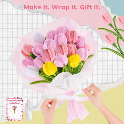 600PCS Pipe Cleaners Craft, Pipe Cleaner Bulk Flower Kit, 6 Colors Chenille Stems Flower Making Kit with Floral Wires, Gardening Tape, Stamen, Floral Wrapping Paper & Ribbon for Art and Craft Supplies