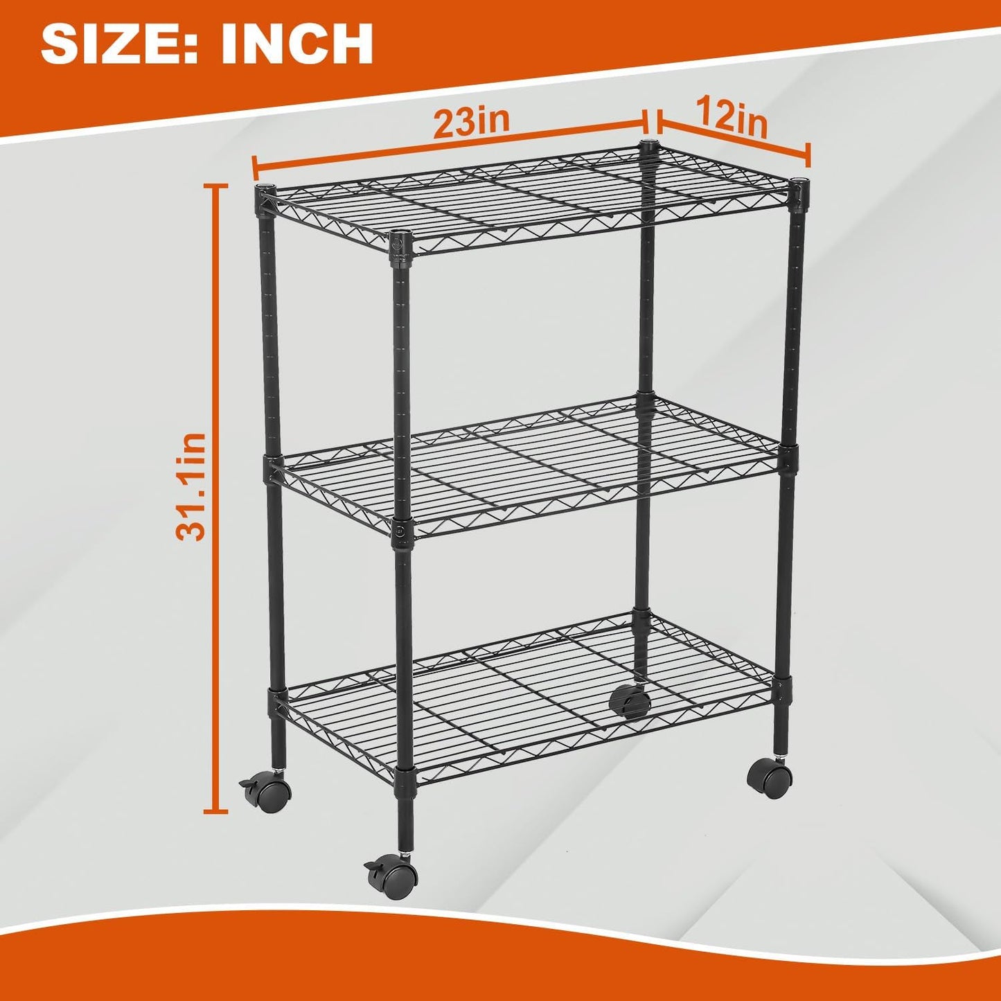 3-Tier 23"x13"x31" 170 lbs PayLessHere | Wire Shelf with Wheels | | Black | Adjustable Racks | Heavy-Duty Storage