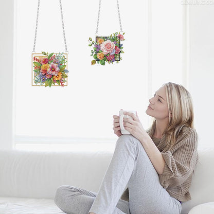 LazyFold 2 Pcs DIY Acrylic Diamond Art Painting Flowers Kits Special Shaped Rhinestone 5D Diamond Art Window Pendants Home Garden Wall Hanging Kits Hanging Ornament