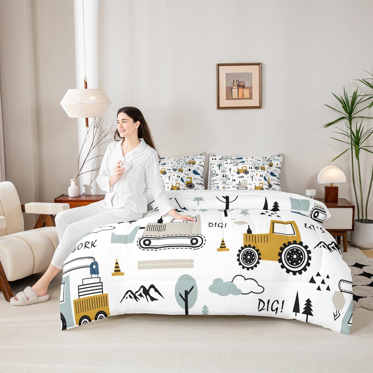 Set 7 Set Set Feelyou Cartoon Car Kids Comforter with Sheets Piece Twin Size Construction Bedding Boys Decor Equipment