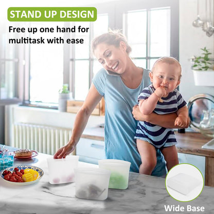 Reusable Food Bags, 12 Pack 100% Silicone Food Storage Bags Stand Up Zip Lock Container, Freezer Microwave Oven Dishwasher Safe, 4 Medium 4 Small 4 Extra Small, Aqua