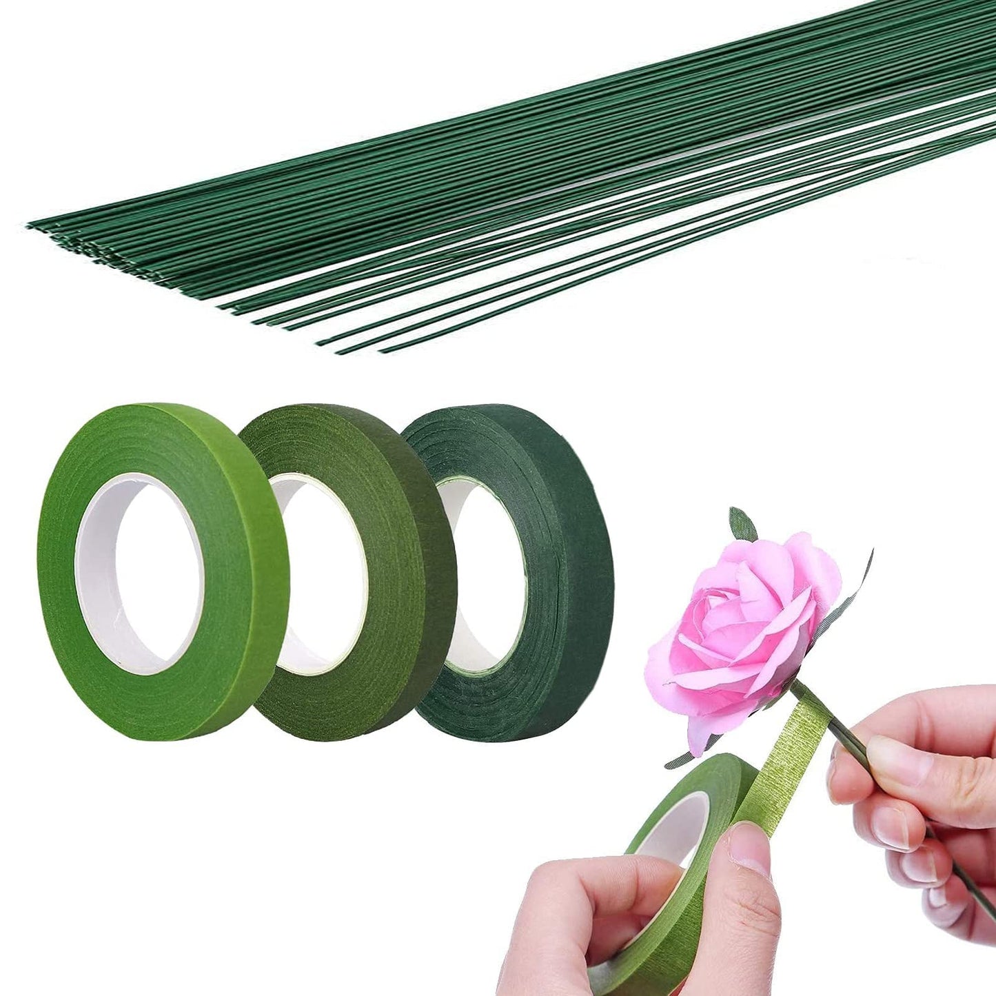 Arlai Floral Arrangement Kit - Floral Tools 5 Rolls Flower Paper Tape with 50 Pcs 16" Floral Stem Wire for Floral Arrangement Artificial Bouquet Stem Wrap Florist