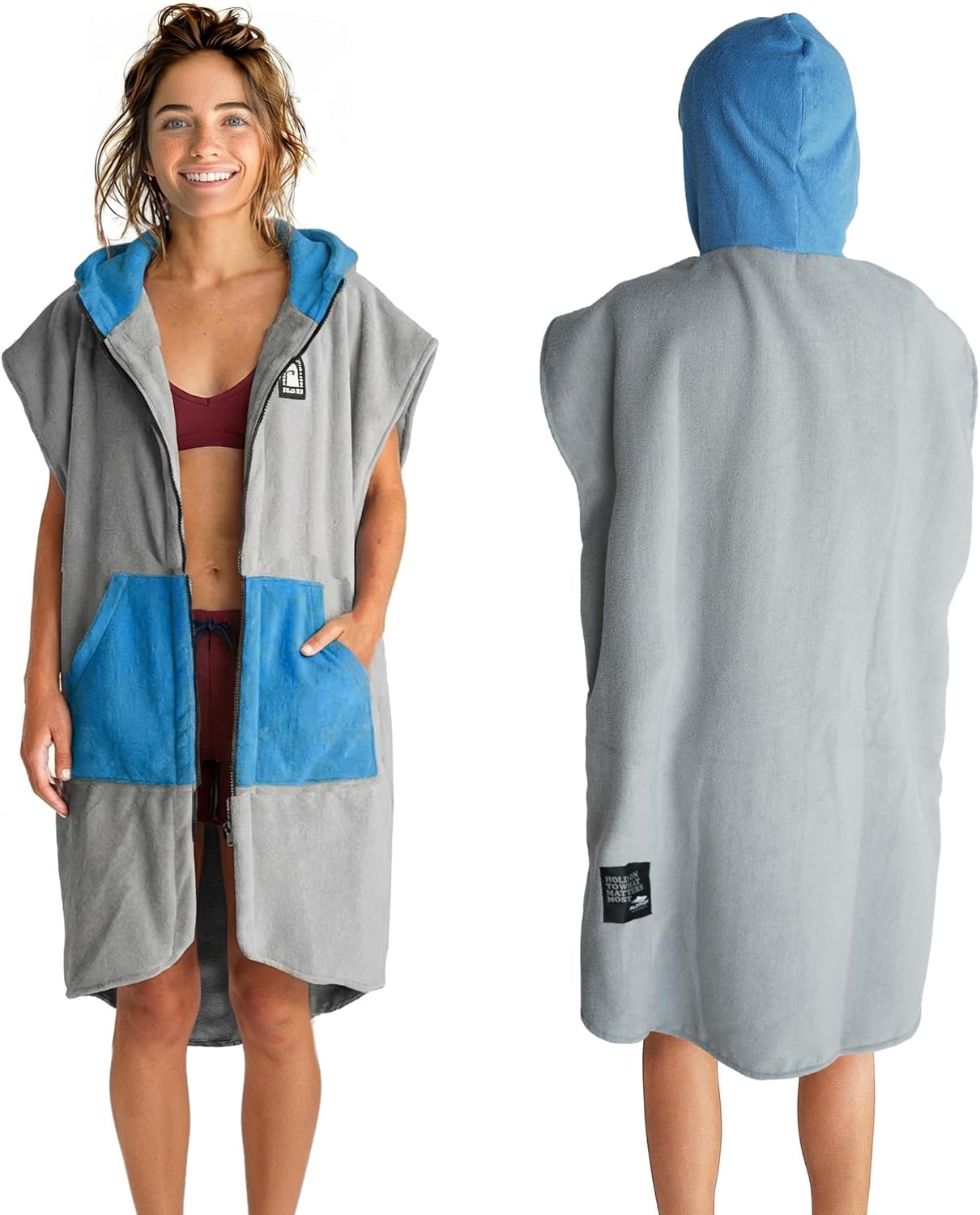 Swimming 2 Pilotfish Surf Poncho Changing Robe Towel - Hooded, Zippered Towel Poncho for Beach, Surfing, | Front