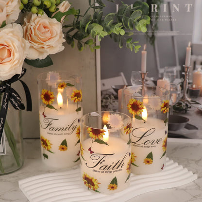 DRomance Sunflower Glass Flameless Candles with Remote Timer Battery Operated LED Pillar Candles Real Wax 3D Wick Flickering Warm Light Wedding Dinner Holiday Spring Candle 3 x 4,5,6 Inches